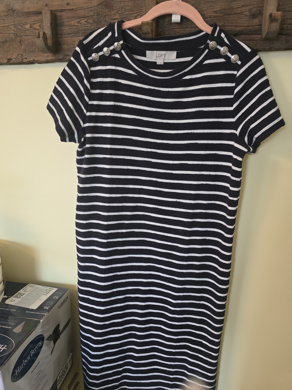 LOFT Navy and White Striped Button-Shoulder Knit Dress